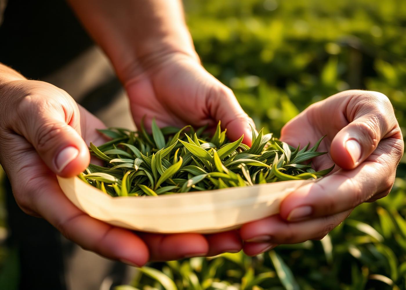 Fresh tea leaves cupped in hands at a plantation